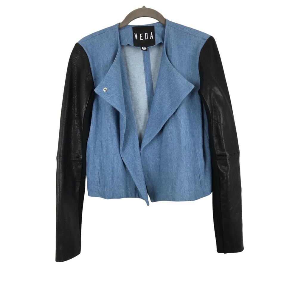 VEDA Black Leather Sleeve Blue Denim Combo Drape Jacket Coat S Small NEW